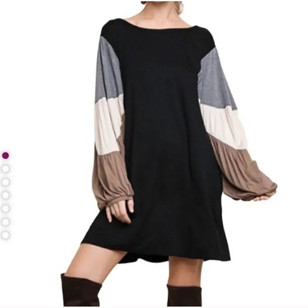 UMGEE Boho Black Balloon Sleeve Dress Pockets
